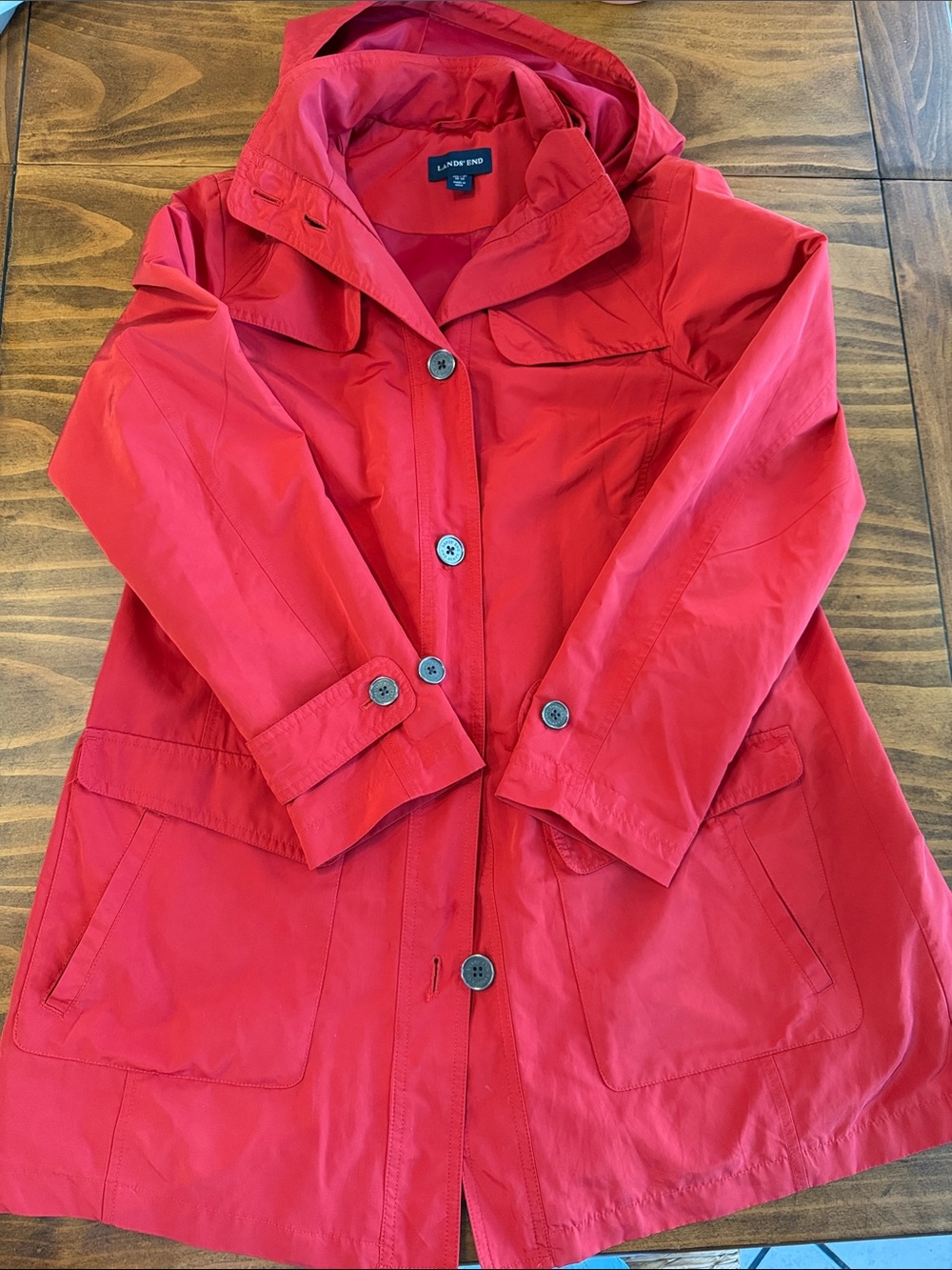 Lands' End Women’s Medium Petite 10-12 Red Hooded Trench Coat Jacket